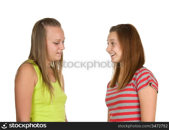 two teen girls talking isolated on white