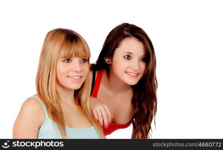 Two teen sisters isolated on white background