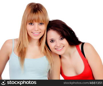 Two teen sisters isolated on white background