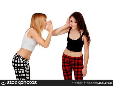 Two teen sisters whispering isolated on white background