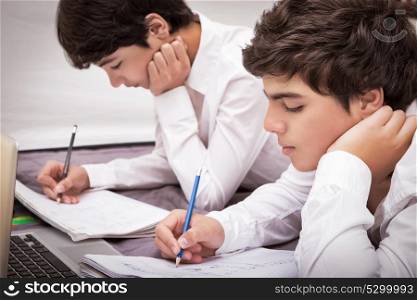 Two teenage boys doing homework at home, writing something in their notebooks, enjoying studies, education concet