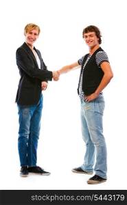 Two teenage boys shaking hands. Isolated on white&#xA;