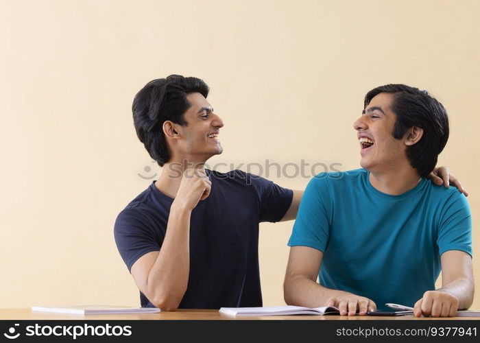 Two teenage boys studying together at home