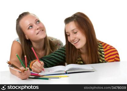 Two teenage girls paint isolated on white