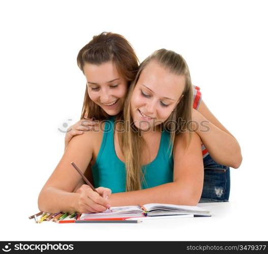 Two teenage girls paint isolated on white