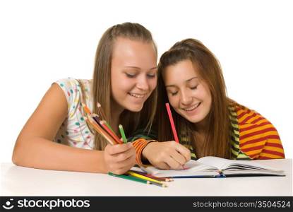 Two teenage girls paint isolated on white