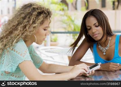 Two teenage girls sitting in a restaurant and looking at a mobile phone
