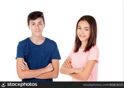 Two teenagers looking at camera isolated on a white background
