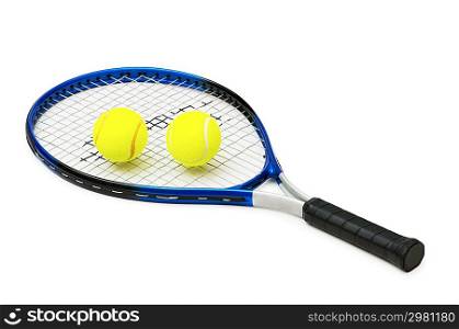 Two tennis balls and racquet isolated on white