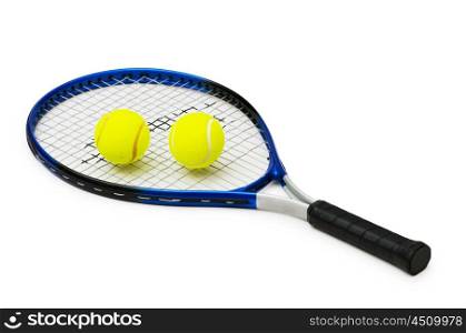 Two tennis balls and racquet isolated on white