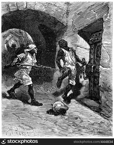 Two thousand leagues across south america, the door, or I'll nailed to the wall!, vintage engraved illustration. Journal des Voyages, Travel Journal, (1880-81).