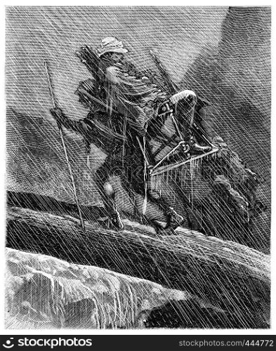 Two thousand miles across South America, He lived as a man of stone in the rain, vintage engraved illustration. Journal des Voyage, Travel Journal, (1880-81).