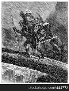 Two thousand miles across South America, He lived as a man of stone in the rain, vintage engraved illustration. Journal des Voyage, Travel Journal, (1880-81).