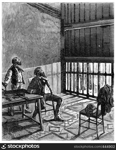 Two thousand miles across South America. The withdrawal of the panel discovered an iron gate, vintage engraved illustration. Journal des Voyage, Travel Journal, (1880-81).