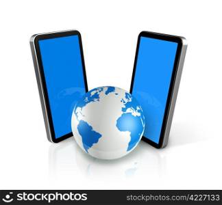 two three dimensional connected mobile phones around a world globe - isolated on white. two mobile phones around a world globe