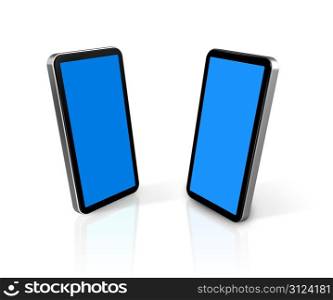 two three dimensional connected mobile phones isolated on white with screens clipping path. two mobile phones
