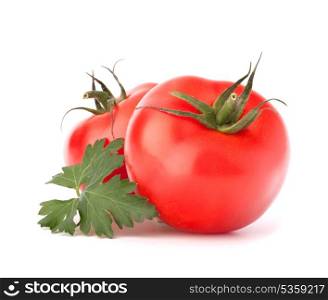 Two tomato vegetables and parsley leaves still life isolated on white background cutout