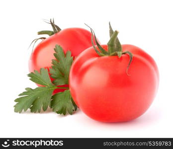 Two tomato vegetables and parsley leaves still life isolated on white background cutout