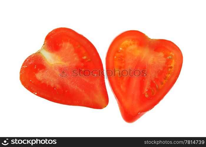 Two tomatoes in view of the heart on the white background. (isolated)
