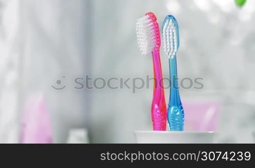 Two toothbrushes are standing in the holder, unseen person is adding a child toothbrush into it. Child birth concept.