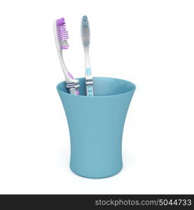 Two toothbrushes in a plastic cup