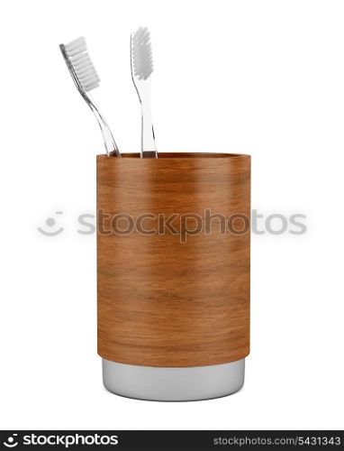 two toothbrushes in brown bowl isolated on white background