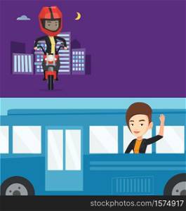 Two transportation banners with space for text. Vector flat design. Horizontal layout. Young caucasian passenger waving hand from bus window. Happy passenger peeking out of bus window and waving hand.. Two transportation banners with space for text.