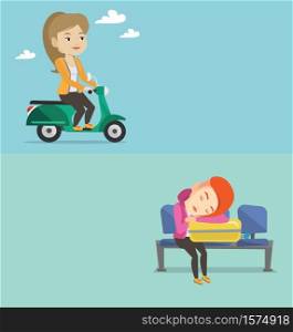 Two transportation banners with space for text. Vector flat design. Horizontal layout. Caucasian woman sleeping on luggage in airport. Woman waiting for a flight and sleeping on suitcase in airport.. Two transportation banners with space for text.