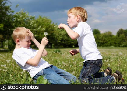 two twin brothers outdoors on the grass