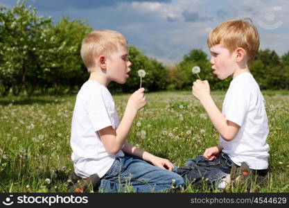 two twin brothers outdoors on the grass