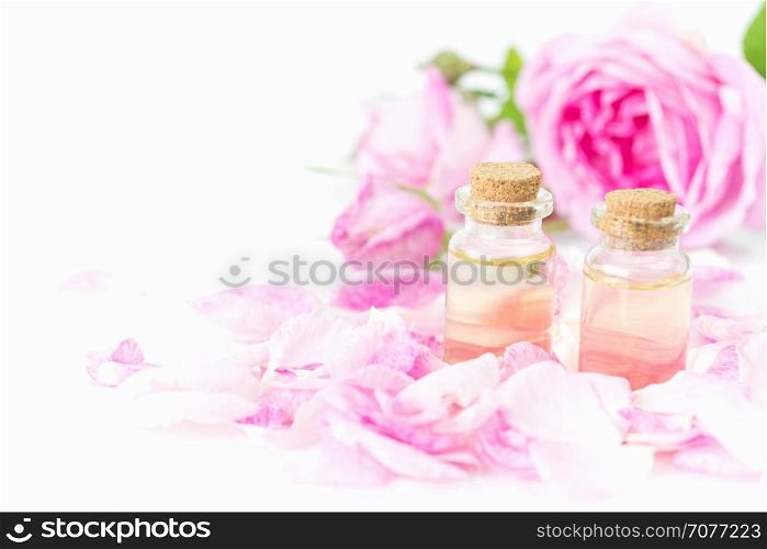 Two vials of rose essential oil, pink roses and rose petals isolated on a white background