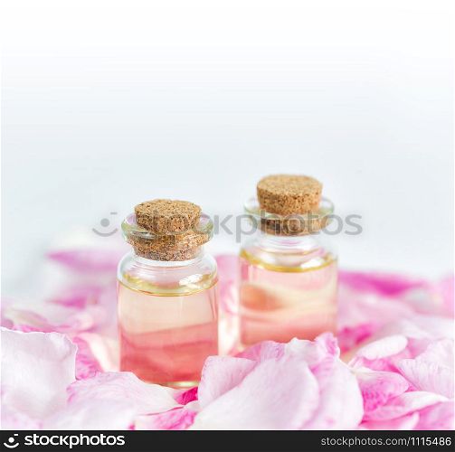 Two vials with essential oil and petals of pink roses on a white background; with space for text