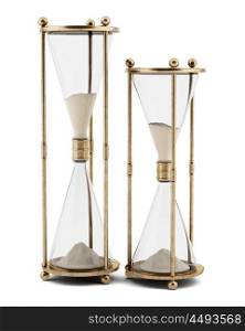 two vintage hourglasses isolated on white background. 3d illustration