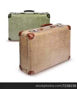 Two vintage suitcases front left isolated on white