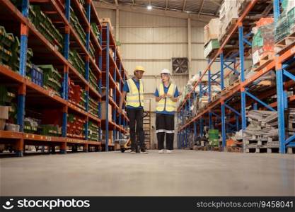 Two warehouse workers pushing a pallet truck in a shipping and distribution warehouse.