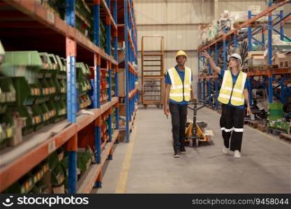 Two warehouse workers pushing a pallet truck in a shipping and distribution warehouse.