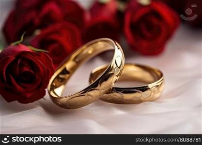 Two wedding rings made of gold on a light surface with some roses created with generative AI technology