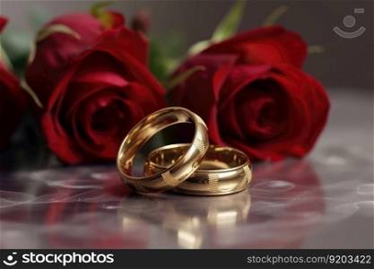 Two wedding rings made of gold on a light surface with some roses created with generative AI technology