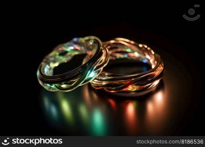 Two wedding rings made of light and energy created with generative AI technology