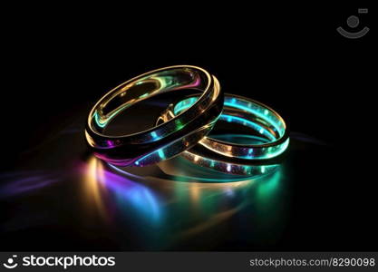 Two wedding rings made of light and energy created with generative AI technology