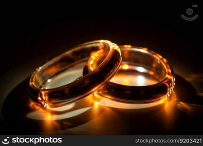 Two wedding rings made of light and energy created with generative AI technology