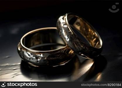 Two wedding rings made of liquid mercury created with generative AI technology