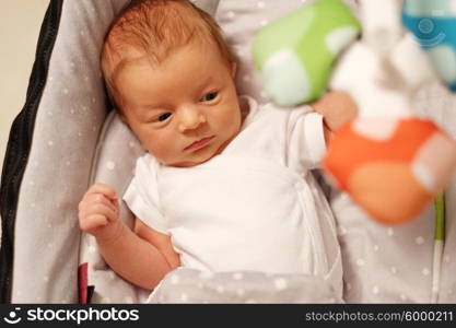 Two weeks old newborn baby in infant seat