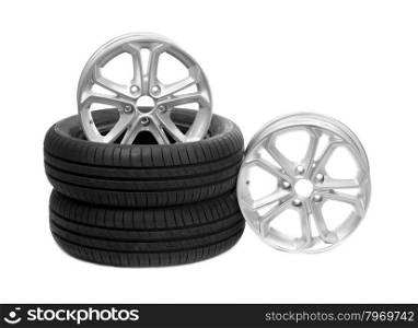 Two wheels and tires for the car. Isolate on white background.