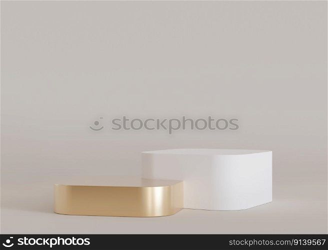 Two white and golden podiums on beige background. Elegant stage for product, cosmetic presentation. Luxury mock up. Pedestal or platform for beauty products. Empty scene. Display, showcase. 3D render. Two white and golden podiums on beige background. Elegant stage for product, cosmetic presentation. Luxury mock up. Pedestal or platform for beauty products. Empty scene. Display, showcase. 3D render.