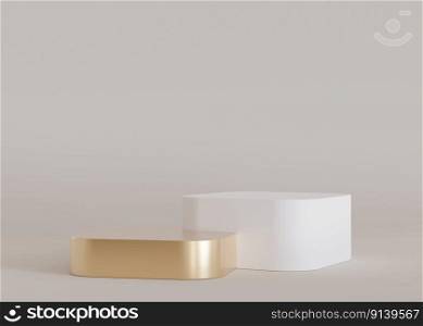 Two white and golden podiums on beige background. Elegant stage for product, cosmetic presentation. Luxury mock up. Pedestal or platform for beauty products. Empty scene. Display, showcase. 3D render. Two white and golden podiums on beige background. Elegant stage for product, cosmetic presentation. Luxury mock up. Pedestal or platform for beauty products. Empty scene. Display, showcase. 3D render.