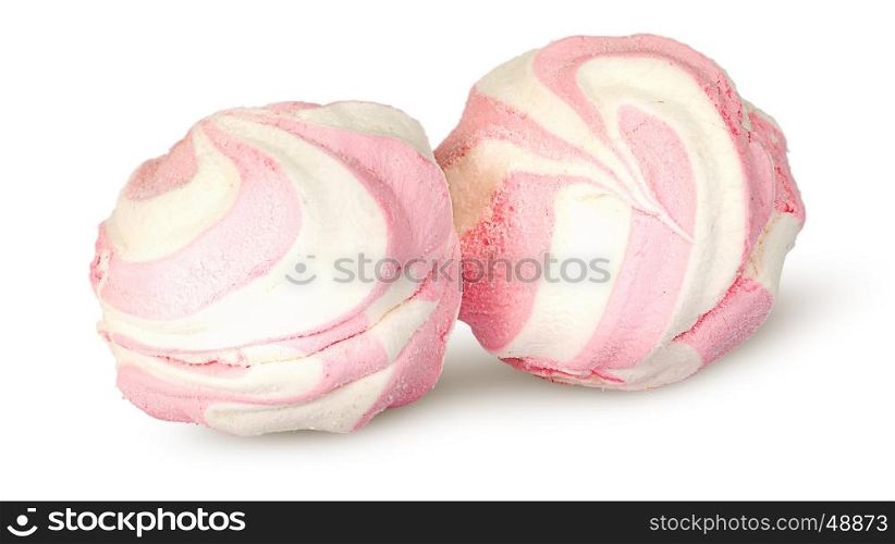 Two white and pink marshmallows each other isolated on white background