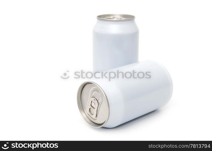 Two white beverage cans, with the focus on the easy open end of the front can
