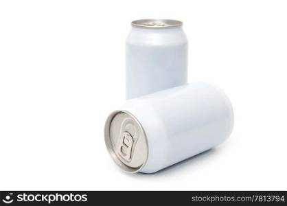 Two white beverage cans, with the focus on the easy open end of the front can