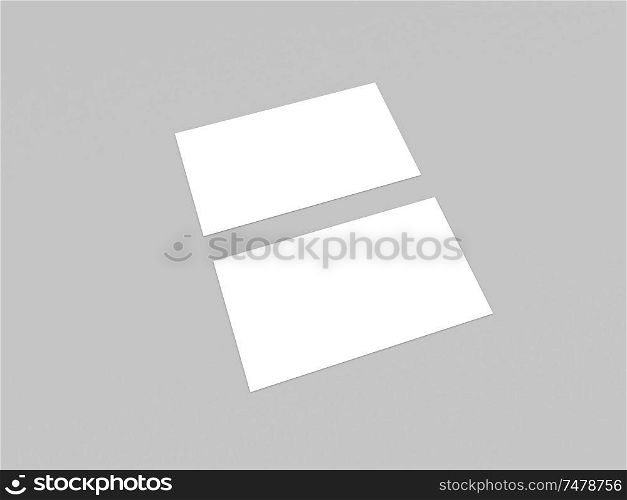 Two white business cards mock up on gray background. 3d render illustration.. Two white business cards mock up on gray background.